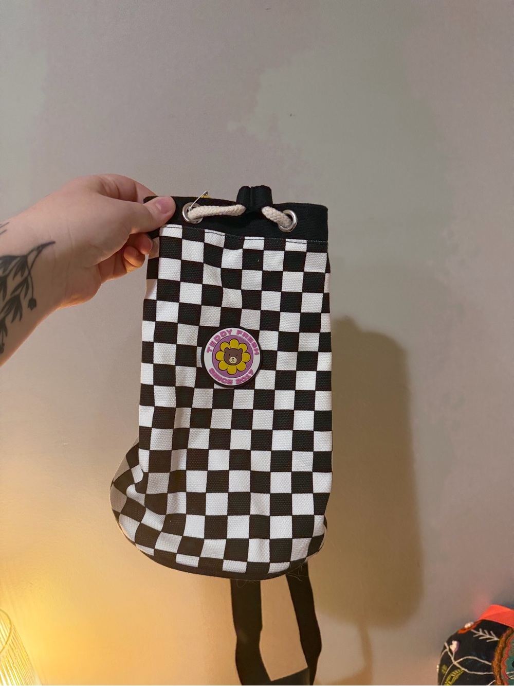 Teddy Fresh Black & White Checkerboard Drawstring Backpack with Flower Patch